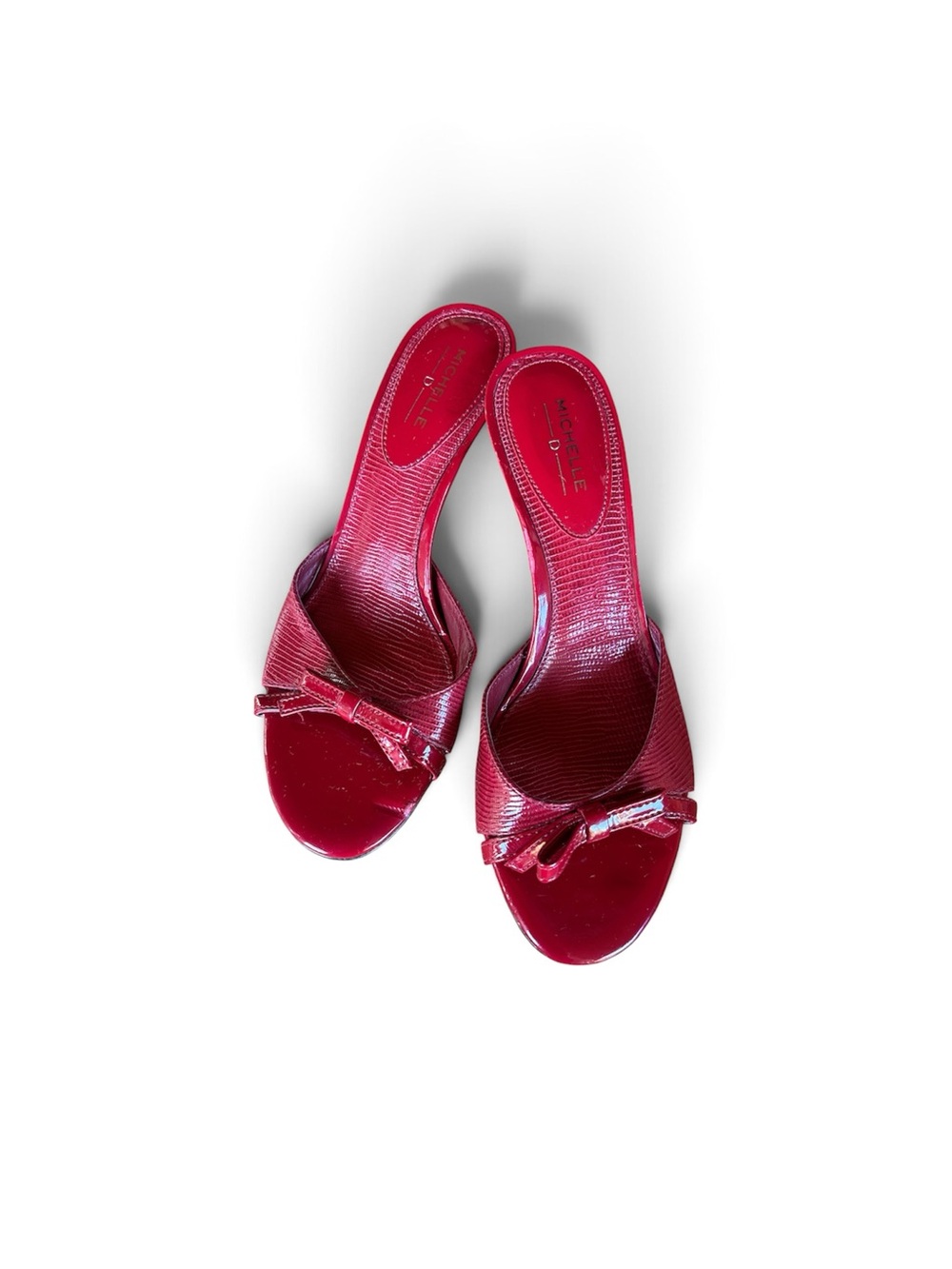 Michelle D Patent Red Bow Slide Mules